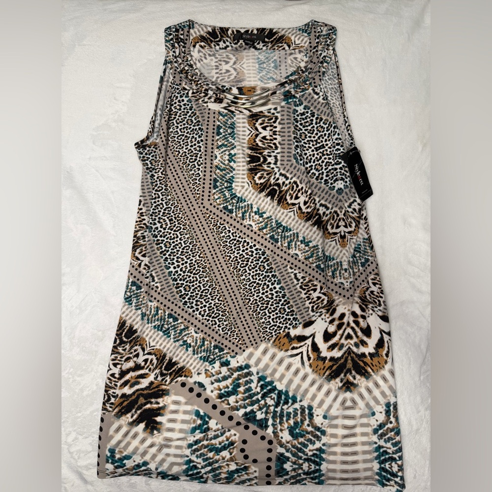 Sleeveless Animal Print Tank Dress in Teal, Tan & Black